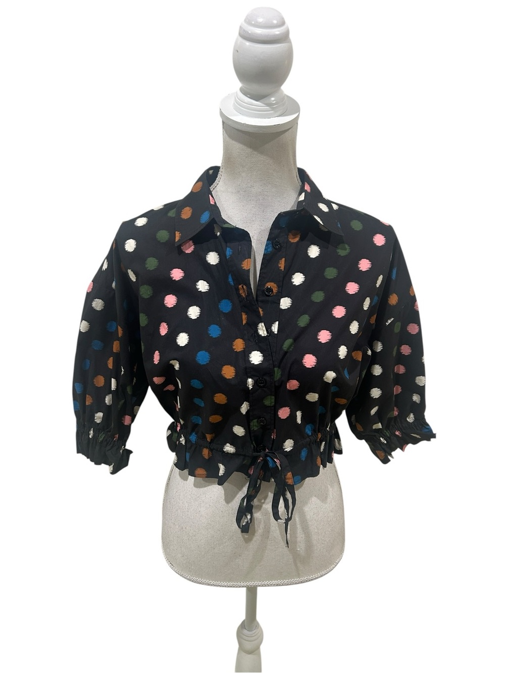 Carolina Herrera Black Button-Down Polka Dot Crop Top size 4 - Picture 3 of 14